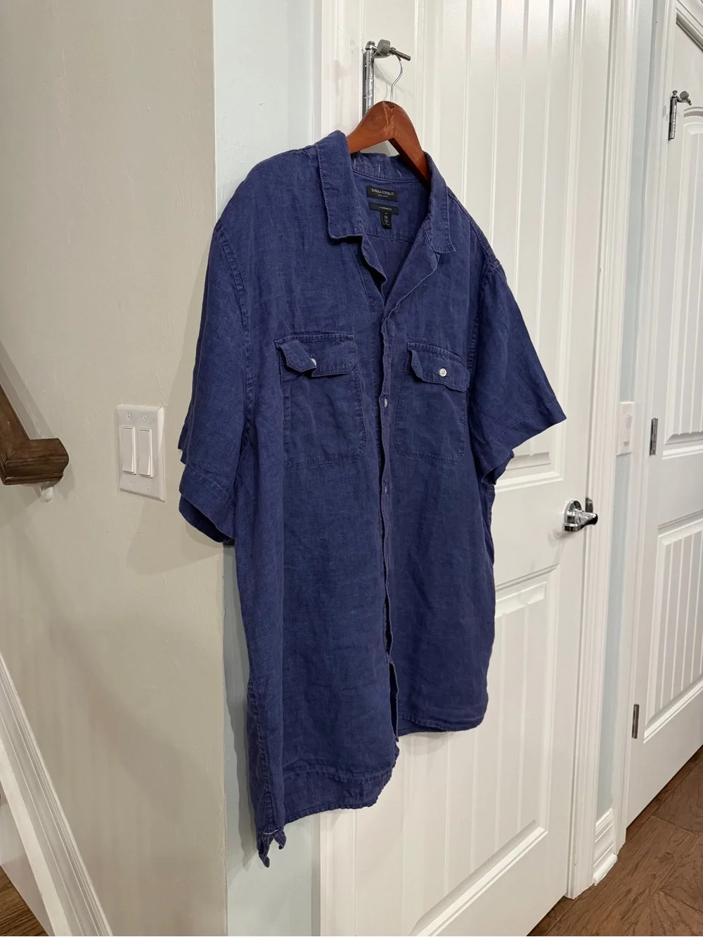 Banana Republic XXL Tall 100% Linen Short Sleeve Button Up Shirt Navy Blue